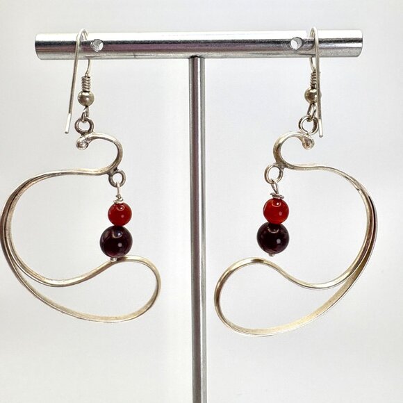 Sterling Silver 925 Red & Black Crystal Freeform Dangle Earrings 2.5" Length - Picture 4 of 9